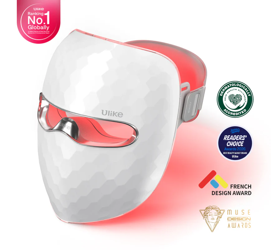 White Ulike ReGlow LED mask with its eye opening, side strap and illuminated interior